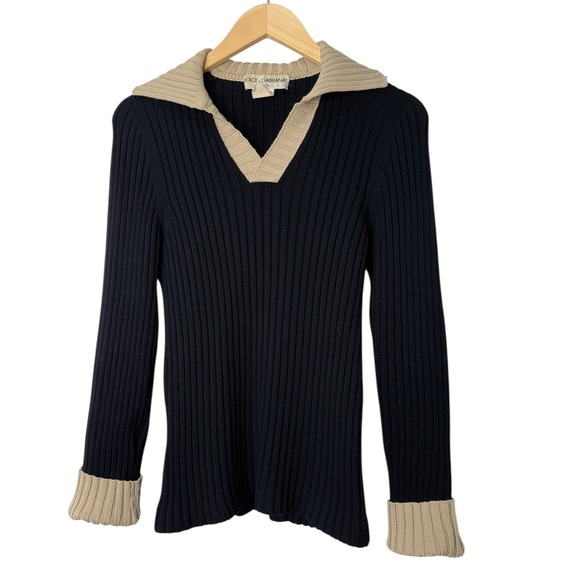 VTG Dolce & Gabbana Navy Wool Ribbed Knit Sweater Top Beige Women's Size 50 L/XL - Picture 1 of 4